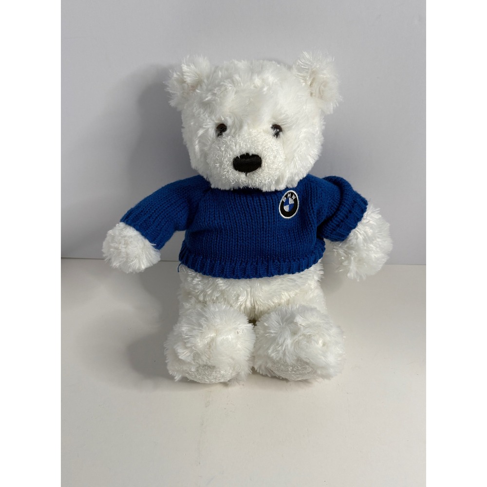 BMW by Gund White Plush Teddy Bear Blue Knit Sweater Logo 6047407 Collectible